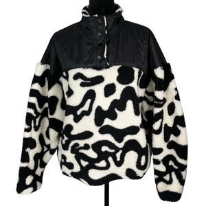 Grayson Threads Black White Fleece Cow Print Animal Print Quarter Snap Women’s L